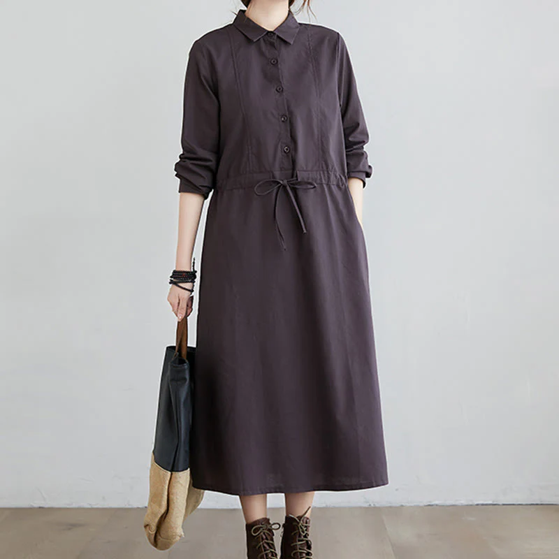 Abito midi in cotone a maniche lunghe con tasche e revers a tinta unita con lacci Buddha Stones - Image 9