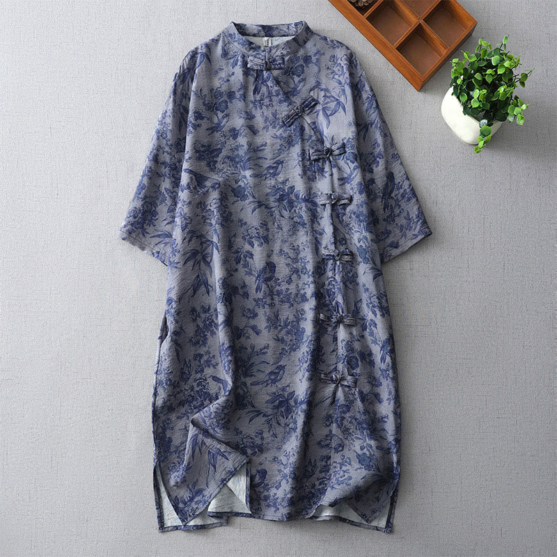 Abito midi in cotone con collo alla coreana, maniche corte, stampa di fiori e foglie, con bottoni a rana e Buddha Stones
