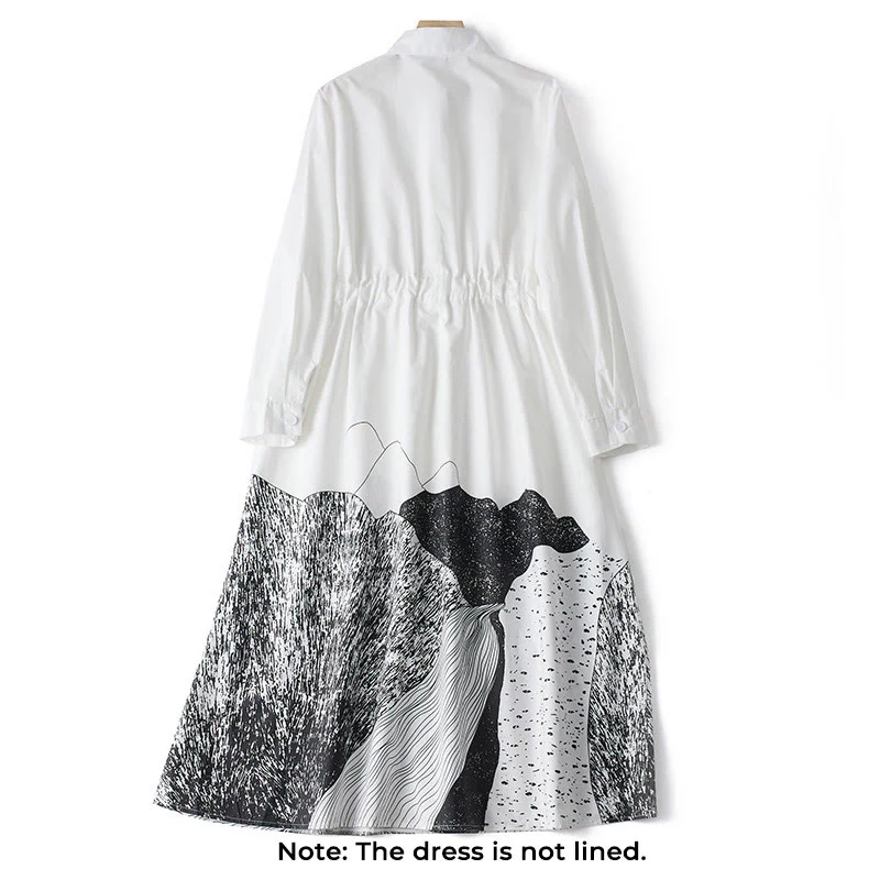 Abito midi in cotone con maniche lunghe, revers allacciati, tasche, stampa Buddha Stones, linee irregolari - Image 11