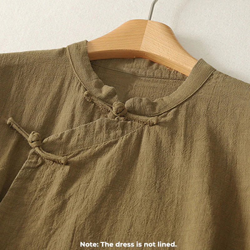 Abito midi in cotone e lino a maniche lunghe con bottoni a rana vintage Buddha Stones, design asimmetrico - Image 3