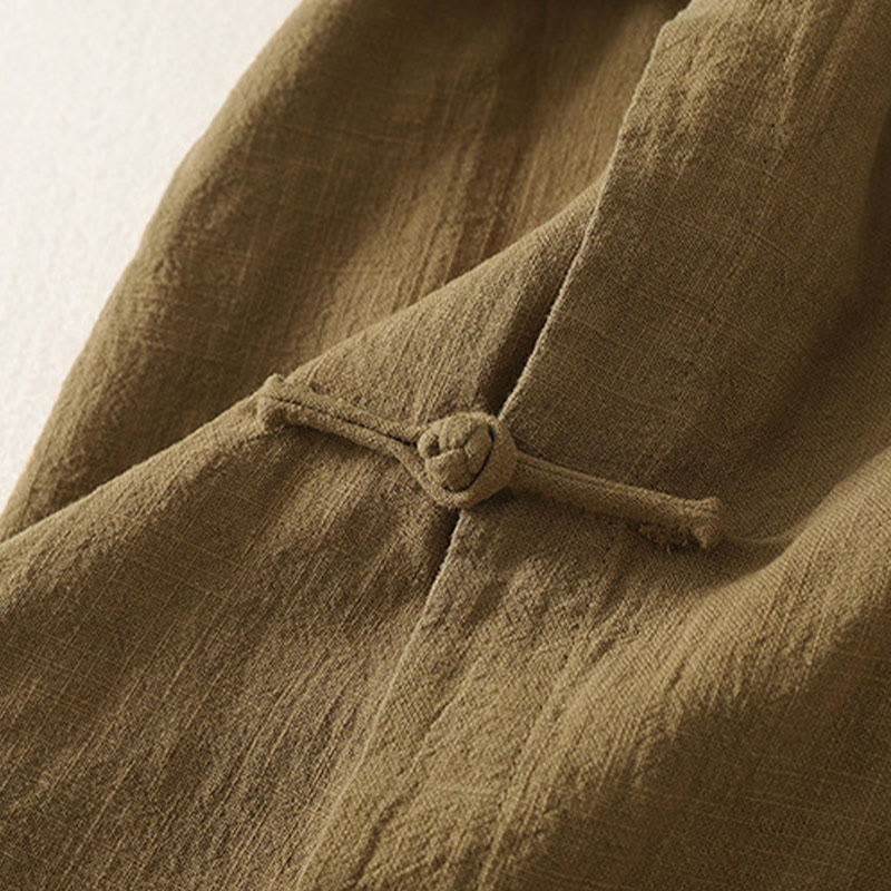 Abito midi in cotone e lino a maniche lunghe con bottoni a rana vintage Buddha Stones, design asimmetrico - Image 5