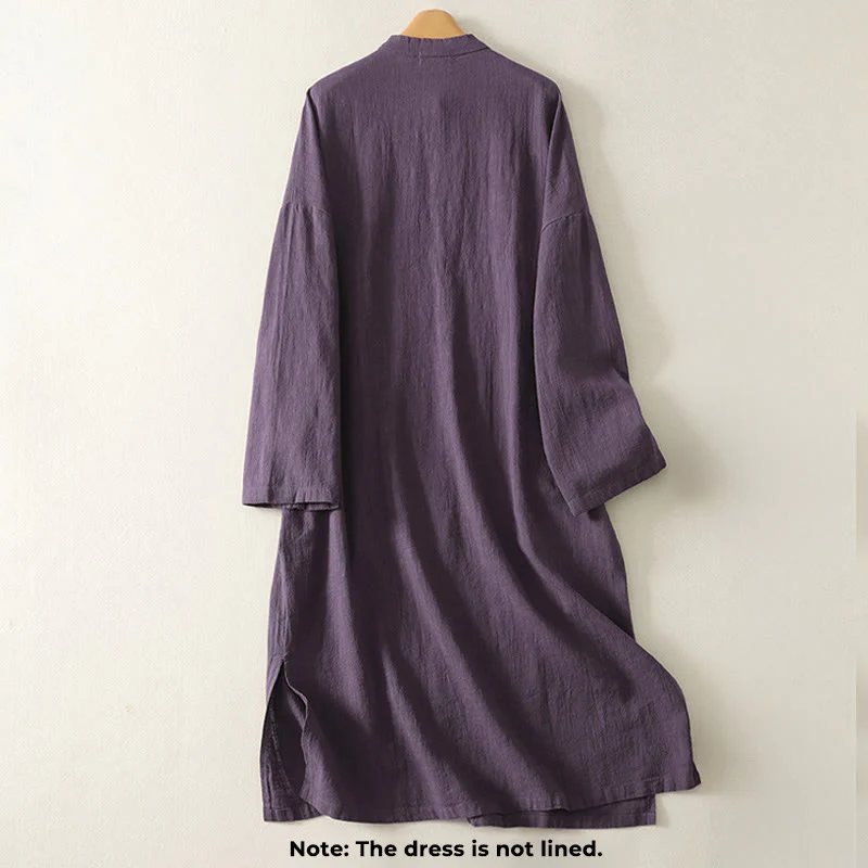 Abito midi in cotone e lino a maniche lunghe con bottoni a rana vintage Buddha Stones, design asimmetrico - Image 8