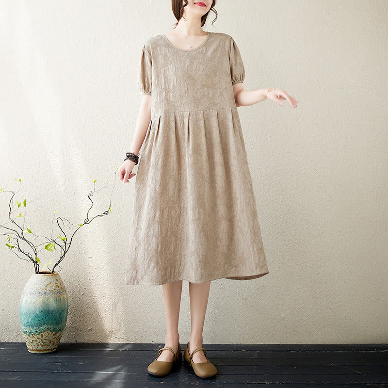 Abito midi in cotone e lino con maniche corte e sbuffo, casual, tinta unita, in jacquard, con scollo a giro Buddha Stones - Image 12