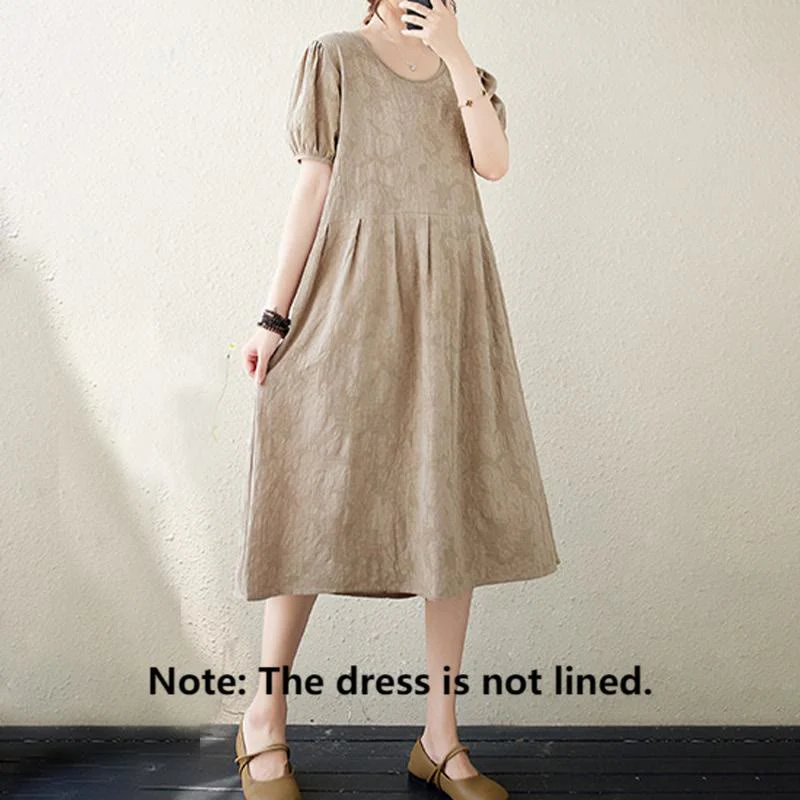 Abito midi in cotone e lino con maniche corte e sbuffo, casual, tinta unita, in jacquard, con scollo a giro Buddha Stones - Image 13