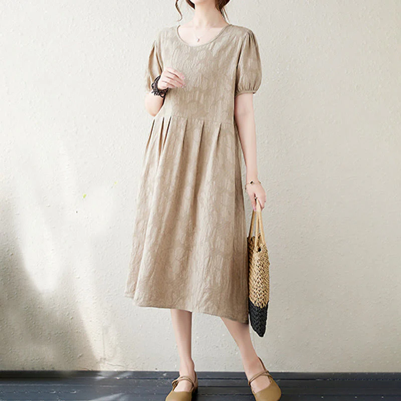 Abito midi in cotone e lino con maniche corte e sbuffo, casual, tinta unita, in jacquard, con scollo a giro Buddha Stones - Image 14