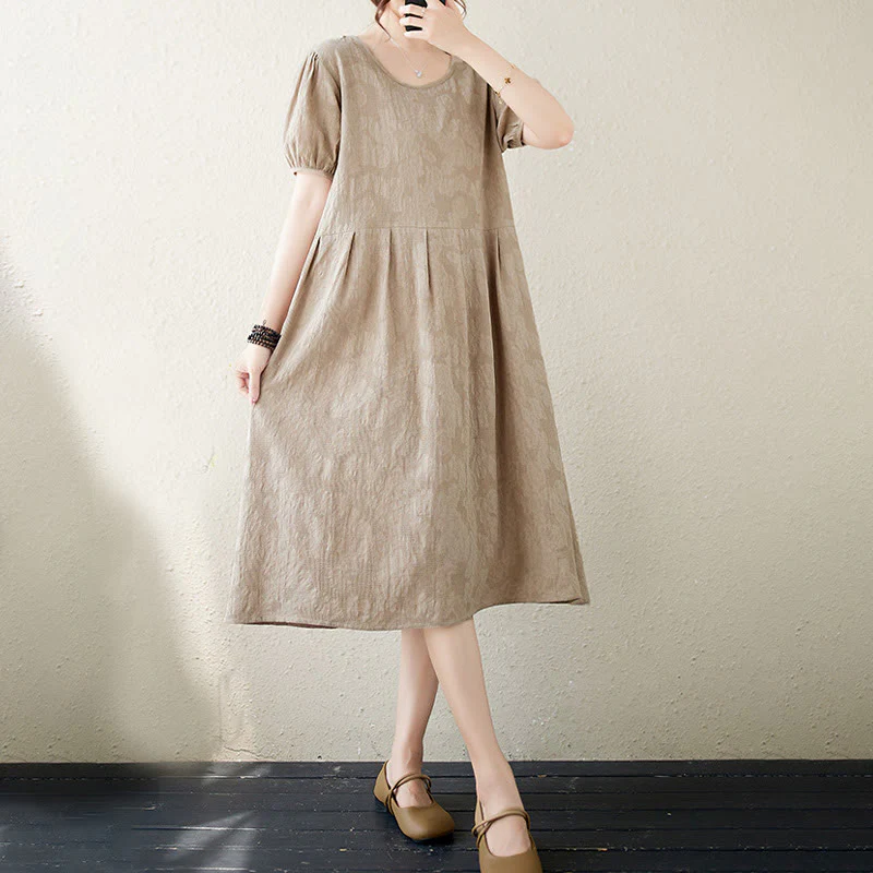 Abito midi in cotone e lino con maniche corte e sbuffo, casual, tinta unita, in jacquard, con scollo a giro Buddha Stones - Image 15