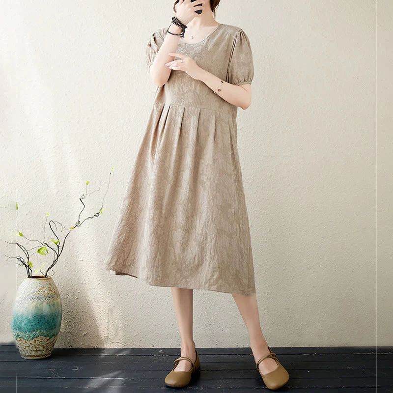Abito midi in cotone e lino con maniche corte e sbuffo, casual, tinta unita, in jacquard, con scollo a giro Buddha Stones - Image 16
