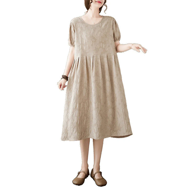 Abito midi in cotone e lino con maniche corte e sbuffo, casual, tinta unita, in jacquard, con scollo a giro Buddha Stones - Image 17