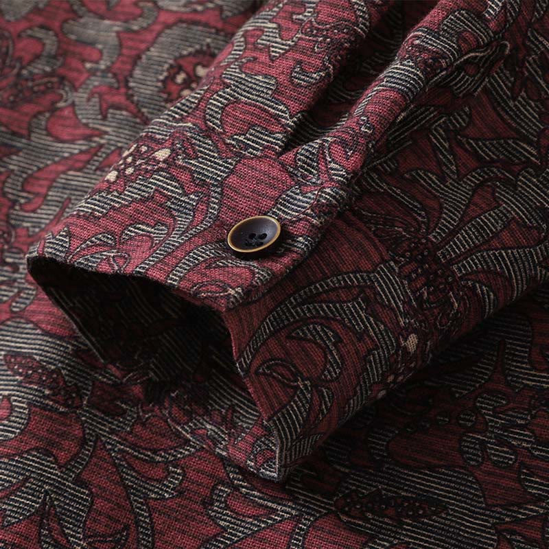 Abito midi in lino e cotone con maniche lunghe, tasche e stampa floreale marrone con Buddha Stones - Image 10