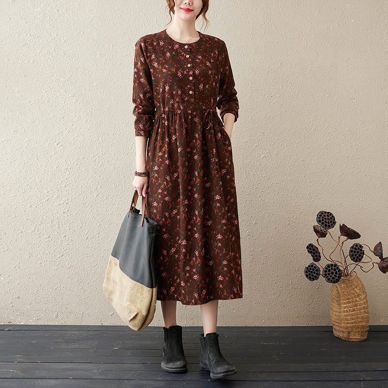 Abito midi in lino e cotone con maniche lunghe, stampa etnica floreale, bottoni e tasche, motivo Buddha Stones