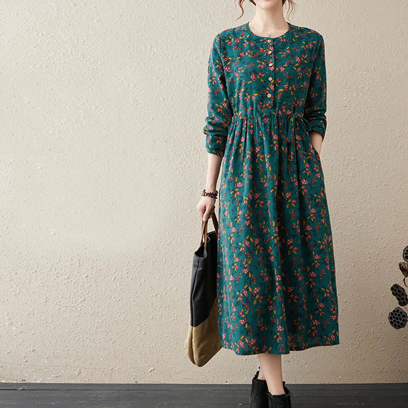 Abito midi in lino e cotone con maniche lunghe, stampa etnica floreale, bottoni e tasche, motivo Buddha Stones - Image 10