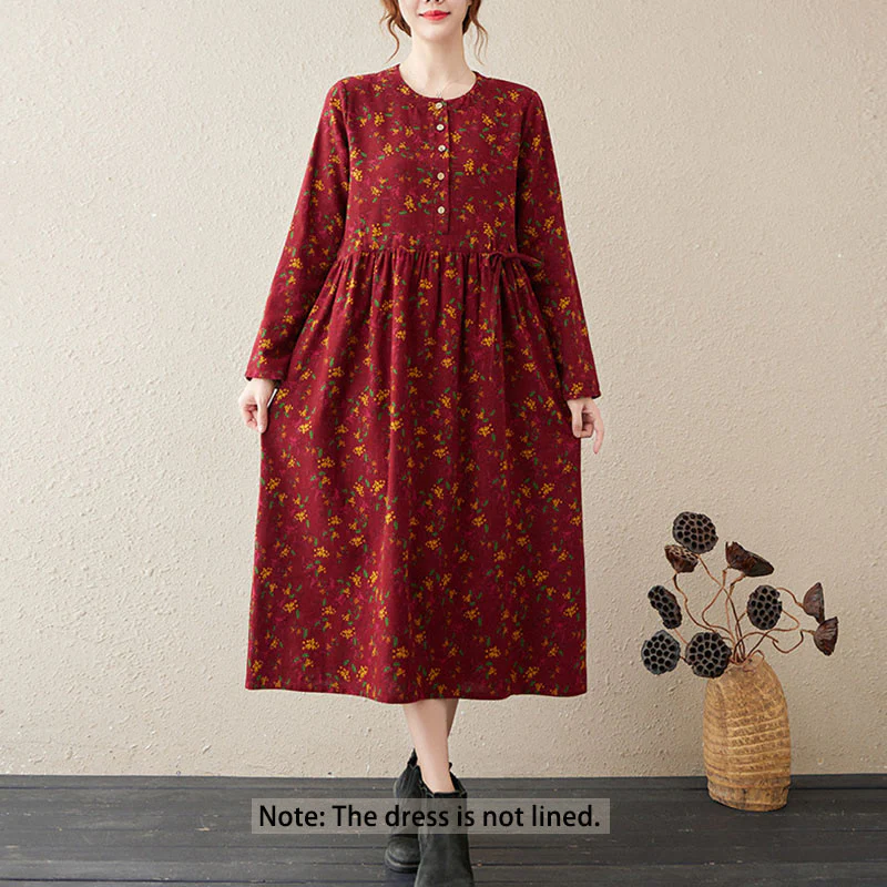 Abito midi in lino e cotone con maniche lunghe, stampa etnica floreale, bottoni e tasche, motivo Buddha Stones - Image 12