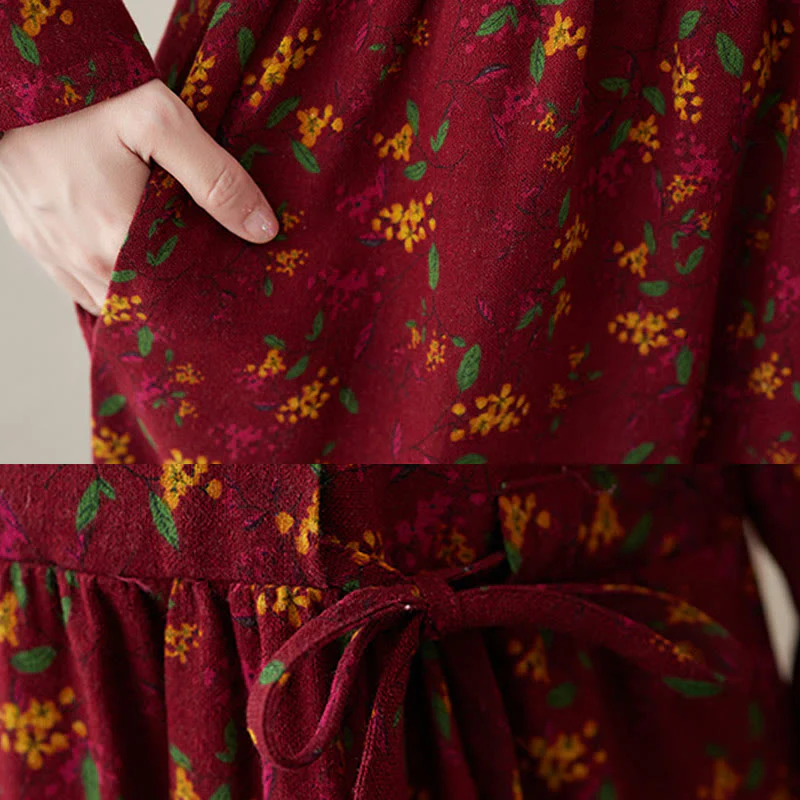 Abito midi in lino e cotone con maniche lunghe, stampa etnica floreale, bottoni e tasche, motivo Buddha Stones - Image 19
