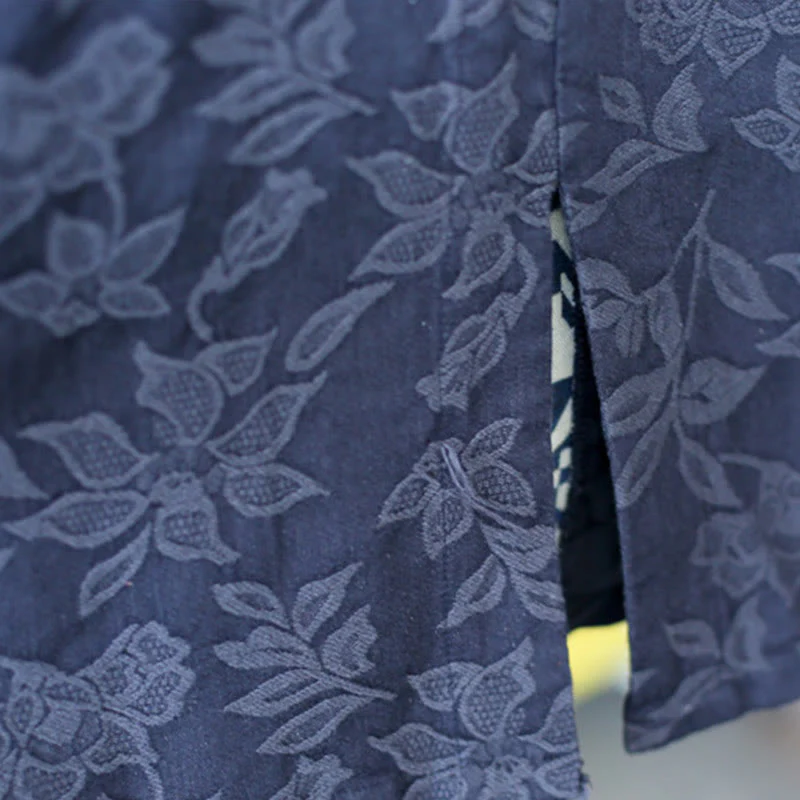 Abito midi in jacquard con ricamo di fiori blu Buddha Stones , abito in cotone con maniche a tre quarti e tasche - Image 8