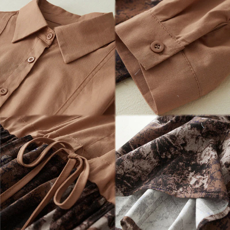 Abito midi in lino con maniche lunghe, coulisse, tasche e stampa patchwork autunnale Buddha Stones - Image 14