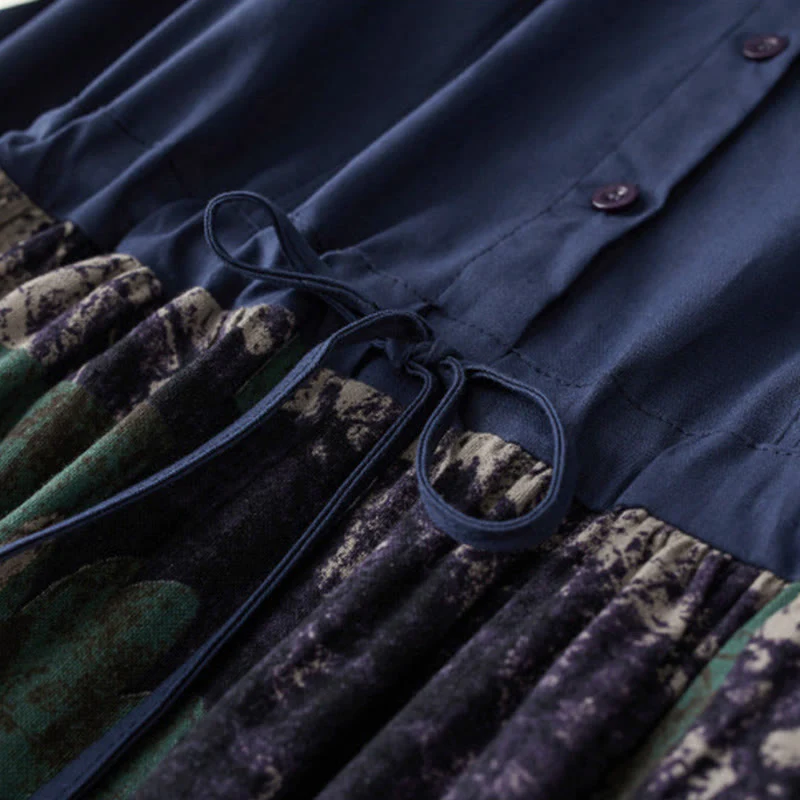 Abito midi in lino con maniche lunghe, coulisse, tasche e stampa patchwork autunnale Buddha Stones - Image 5