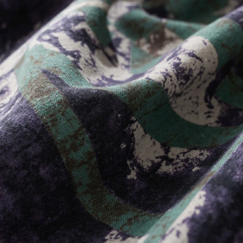 Abito midi in lino con maniche lunghe, coulisse, tasche e stampa patchwork autunnale Buddha Stones - Image 6
