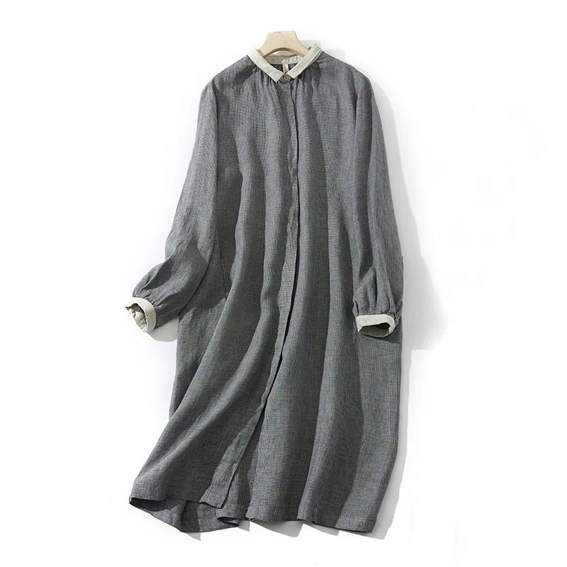 Abito midi in cotone e lino a maniche lunghe con tasche, motivo lanterna scozzese grigio scuro Buddha Stones Commute