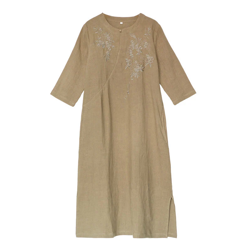 Abito midi in lino e cotone con maniche a tre quarti, ricamo vintage Buddha Stones e tasche - Image 12