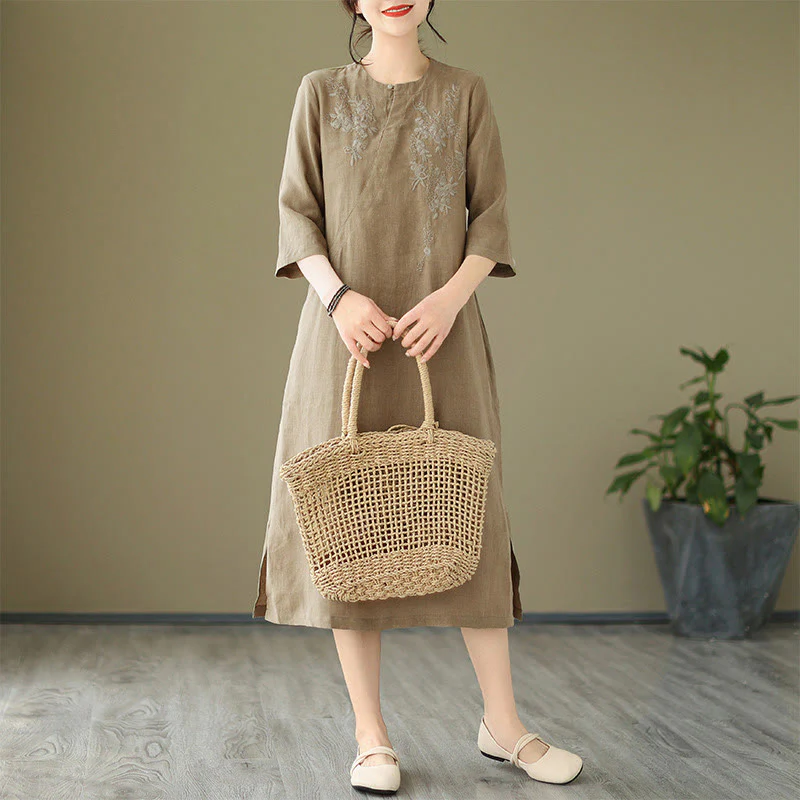 Abito midi in lino e cotone con maniche a tre quarti, ricamo vintage Buddha Stones e tasche - Image 5