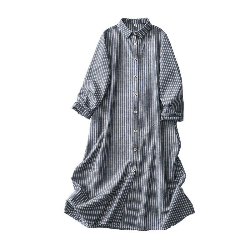 Abito midi in lino e cotone con tasche, maniche lunghe, risvolto e righe bianche, Buddha Stones LightSteelBlue - Image 11