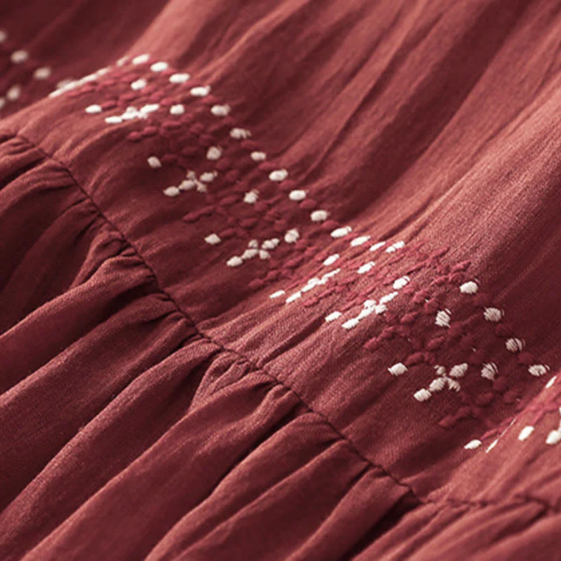 Abito midi in cotone a maniche corte con ricami a tinta unita e tasche, con motivo Buddha Stones. - Image 25