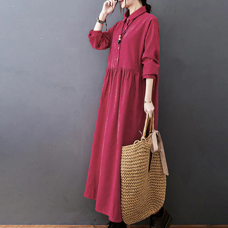 Abito midi in velluto a coste di cotone con maniche lunghe e tasche, motivo Buddha Stones Fall Buttons - Image 15