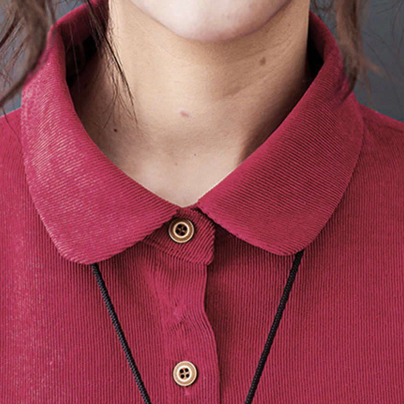 Abito midi in velluto a coste di cotone con maniche lunghe e tasche, motivo Buddha Stones Fall Buttons - Image 18