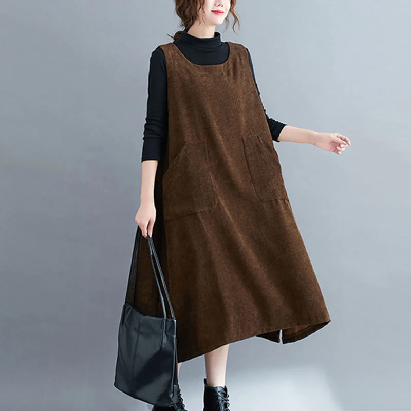 Abito midi in velluto a coste di cotone con scollo rotondo e tasche da donna Buddha Stones Commute