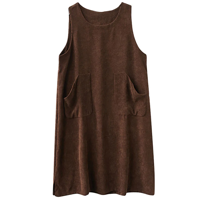 Abito midi in velluto a coste di cotone con scollo rotondo e tasche da donna Buddha Stones Commute - Image 15