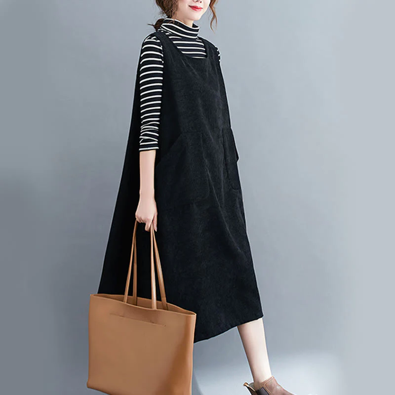 Abito midi in velluto a coste di cotone con scollo rotondo e tasche da donna Buddha Stones Commute - Image 18