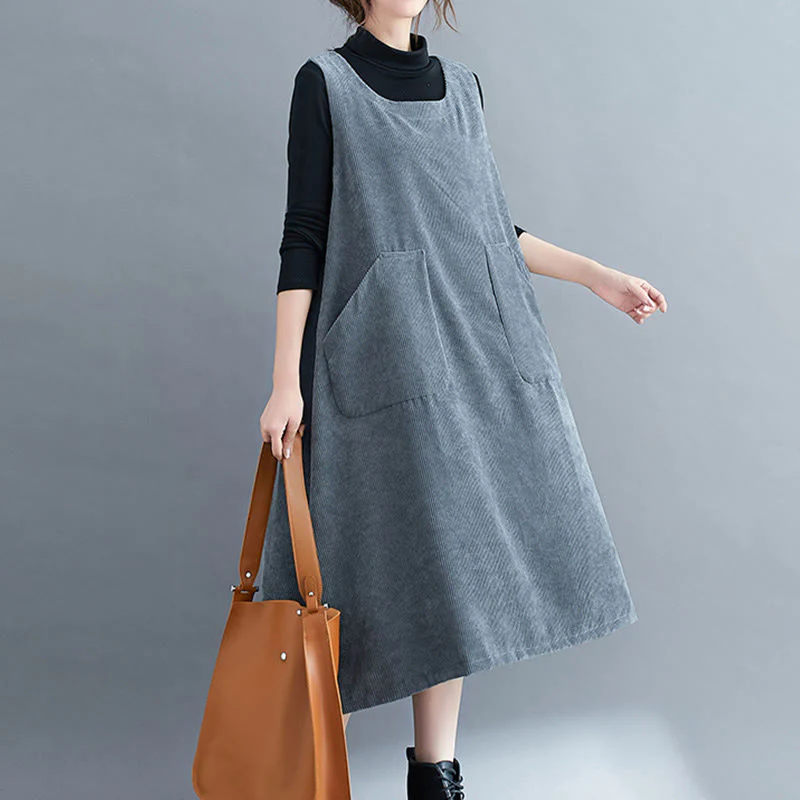 Abito midi in velluto a coste di cotone con scollo rotondo e tasche da donna Buddha Stones Commute - Image 29