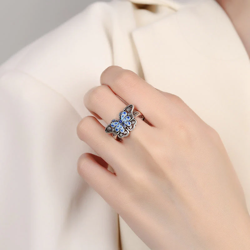 Anello Buddha Stones Hollow Enamel Blue Butterfly Pattern Love - Image 5