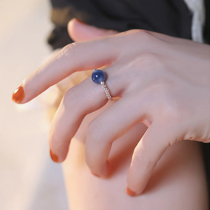Anello con perline curative in agata blu caramellata in argento sterling 925 Buddha Stones - Image 10