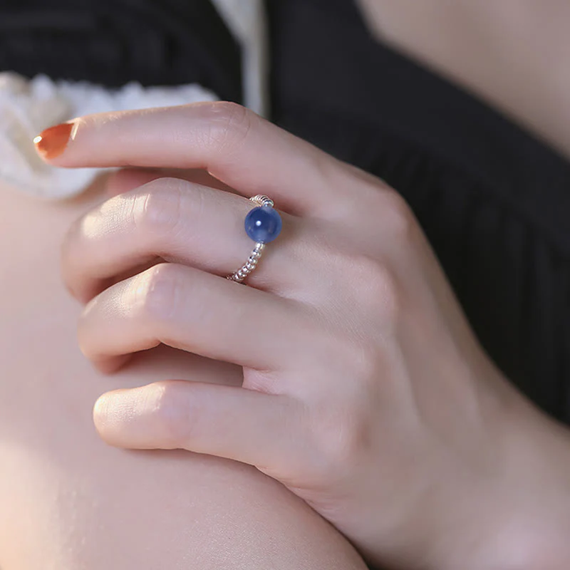 Anello con perline curative in agata blu caramellata in argento sterling 925 Buddha Stones - Image 11