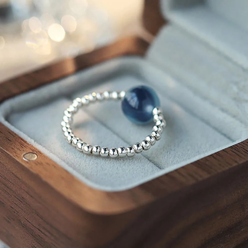 Anello con perline curative in agata blu caramellata in argento sterling 925 Buddha Stones - Image 3