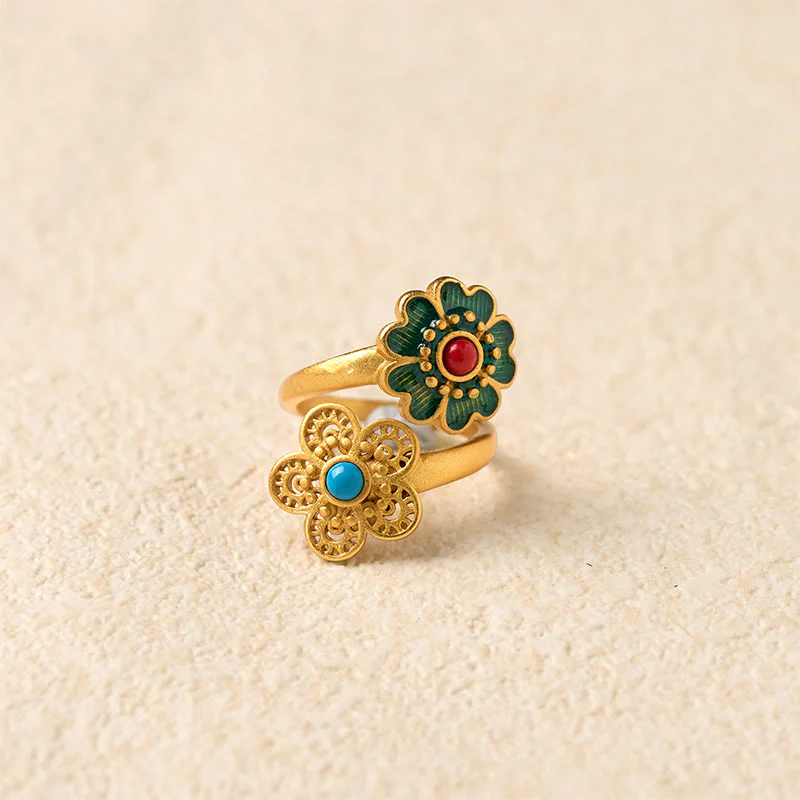 Anello della ricchezza Buddha Stones, doppi petali, turchese gocciolante in rame - Image 4