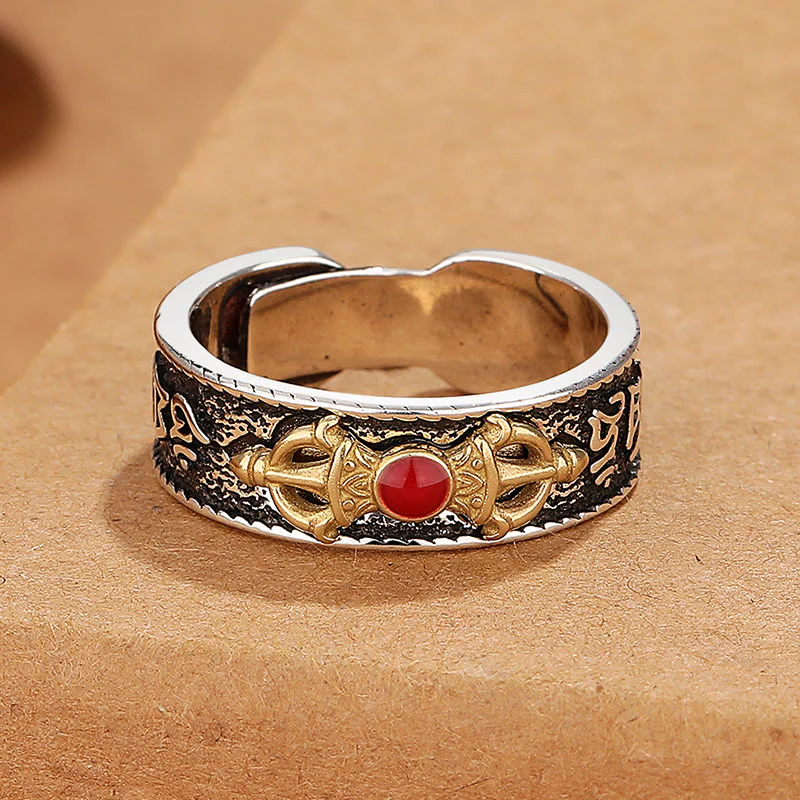 Anello della saggezza tibetano Buddha Stones Om Mani Padme Hum in agata rossa Dorje Vajra - Image 2