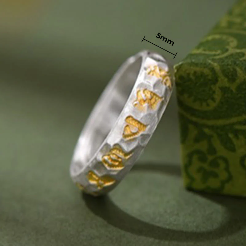 Anello dell'equilibrio Om Mani Padme Hum con motivo a martello in argento sterling 999 Buddha Stones - Image 10