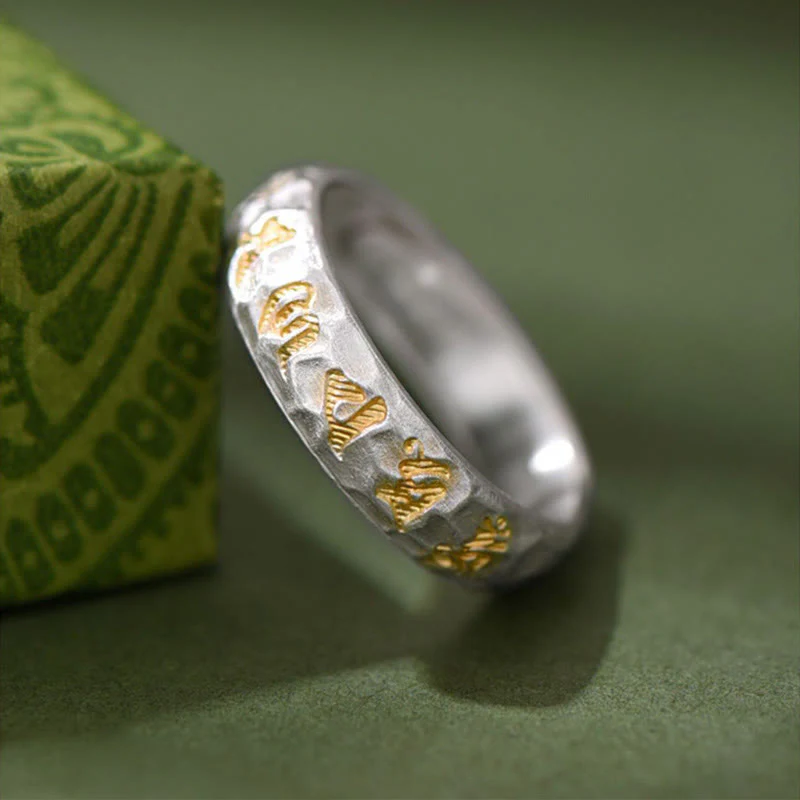 Anello dell'equilibrio Om Mani Padme Hum con motivo a martello in argento sterling 999 Buddha Stones - Image 3