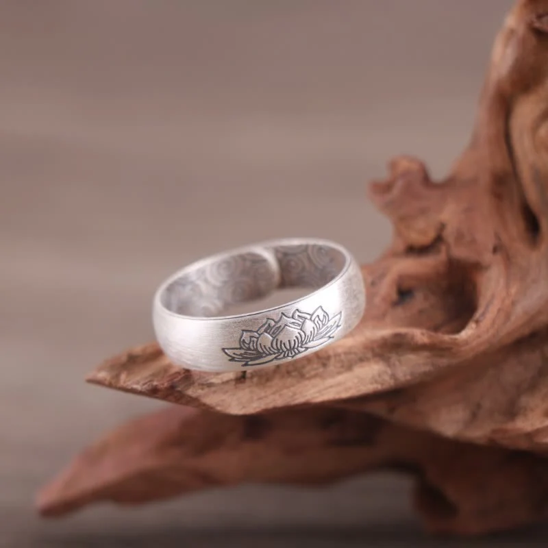 Anello di benedizione Buddha Stones 999 Sterling Silver Lotus Elephant Six True Words - Image 3