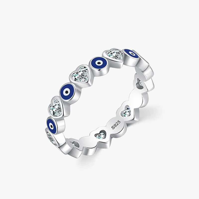Anello di benedizione con zircone a forma di cuore con occhio malvagio in argento sterling 925 Buddha Stones