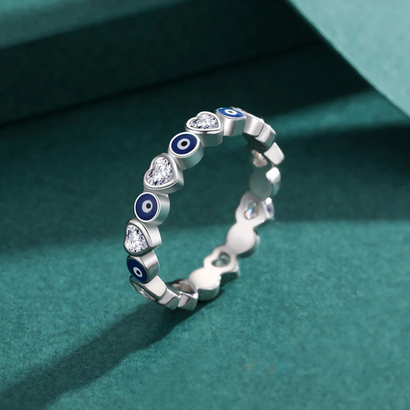 Anello di benedizione con zircone a forma di cuore con occhio malvagio in argento sterling 925 Buddha Stones - Image 2