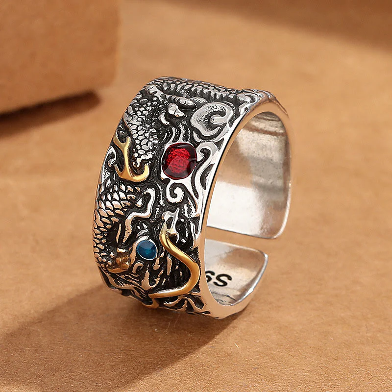 Anello di bilanciamento in argento placcato rame con motivo drago vintage Buddha Stones