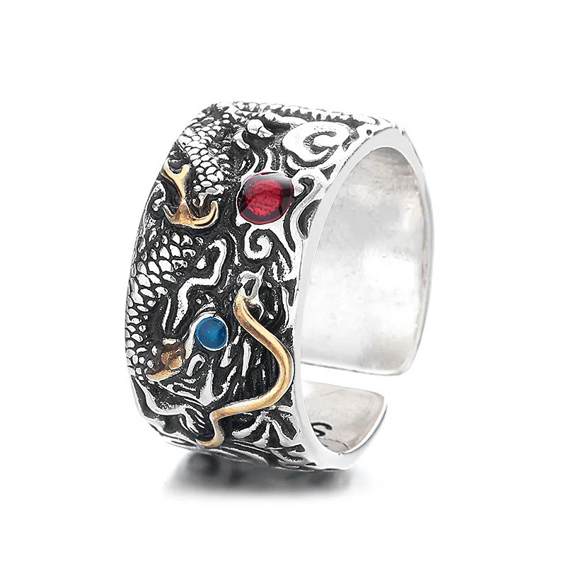 Anello di bilanciamento in argento placcato rame con motivo drago vintage Buddha Stones - Image 6