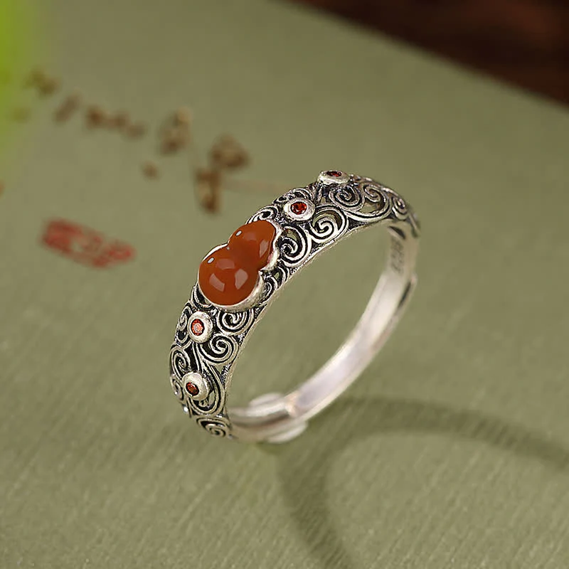 Anello di buon auspicio con zucca, giada ciano e agata rossa in argento sterling 925 - Image 3
