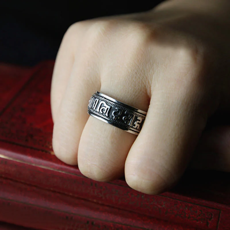 Anello di equilibrio girevole in acciaio al titanio Buddha Stones tibetane Om Mani Padme Hum - Image 22