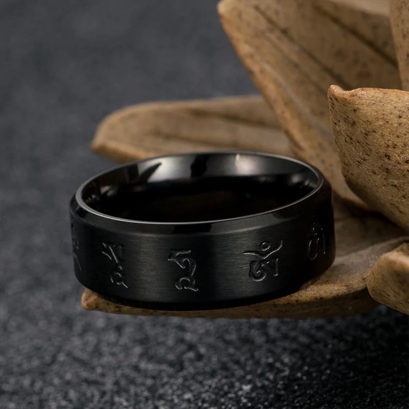 Anello di equilibrio in acciaio al titanio con mantra Jambhala nero Buddha Stones - Image 5