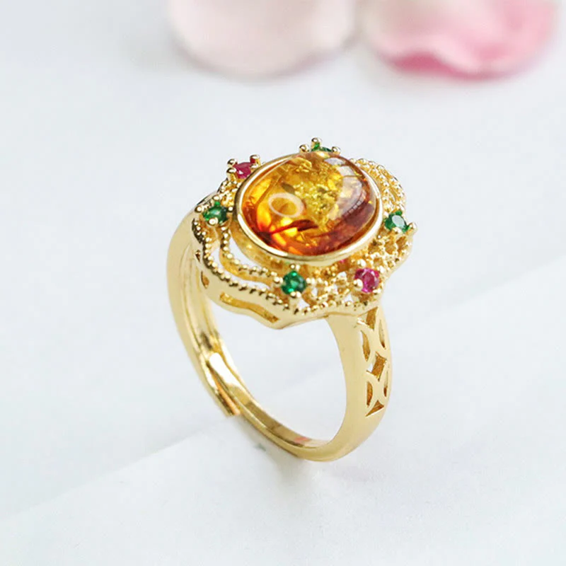 Anello di fiducia in Buddha Stones con fiore di ambra cava in pizzo - Image 2