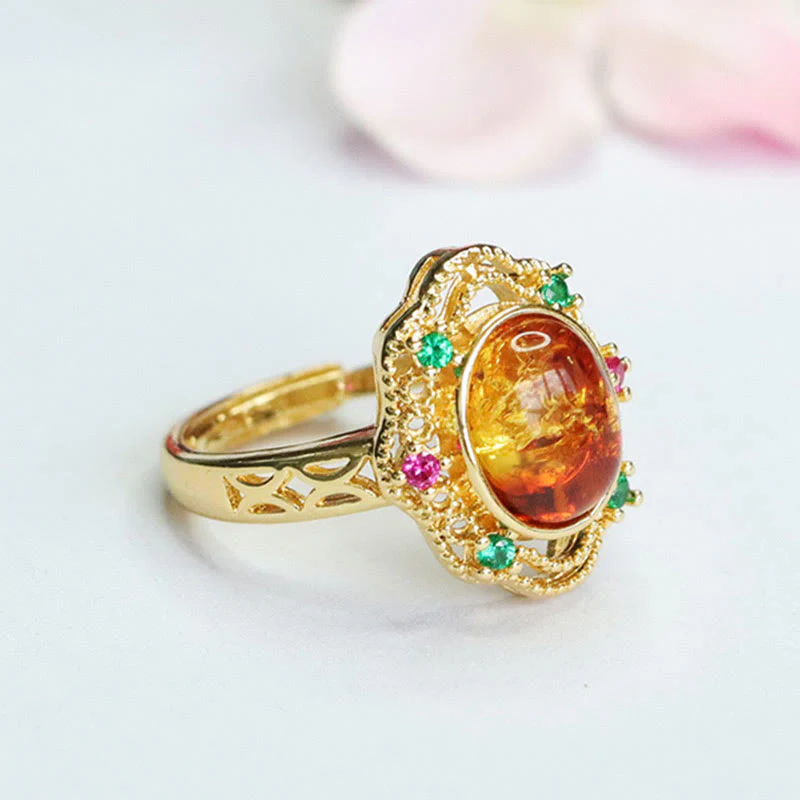 Anello di fiducia in Buddha Stones con fiore di ambra cava in pizzo - Image 3